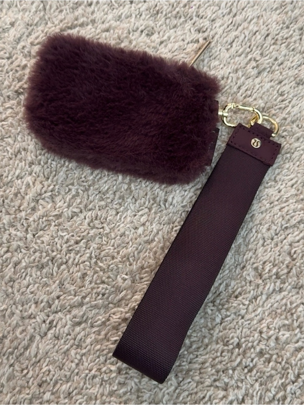 Faux Fur Lululemon Wristlet Keychain with Strap - Deep Plum